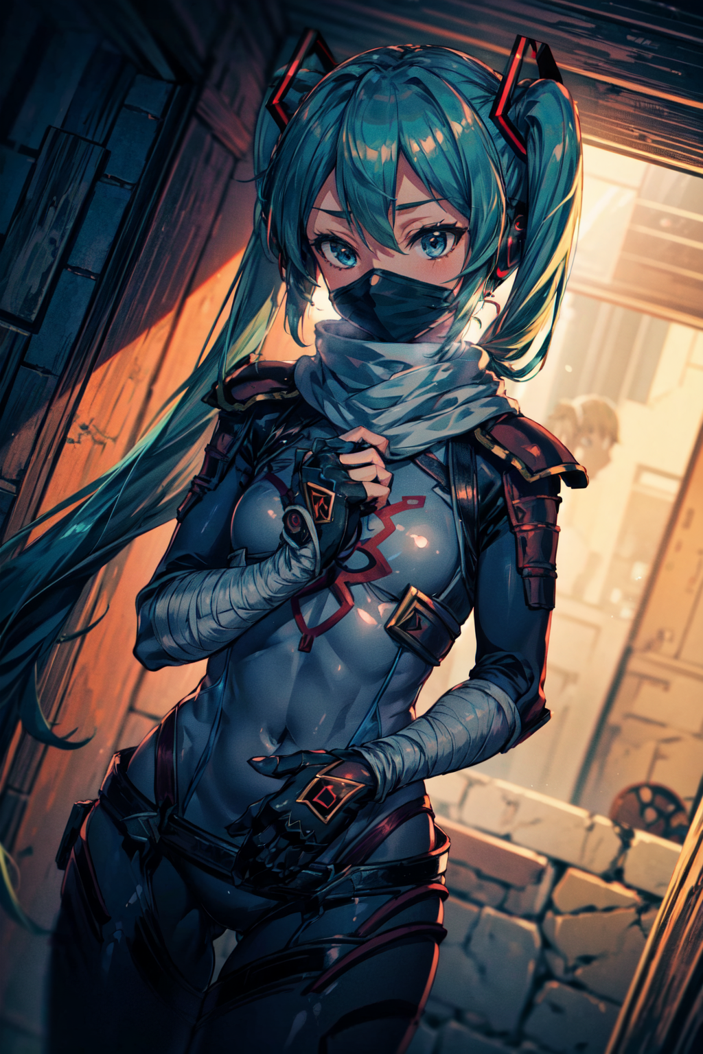 masterpiece,best quality,shadow,1girl,hatsune miku,sheikah armor,bodysuit,mask,bandages,covered mouth,gloves,cowboy shot,d...